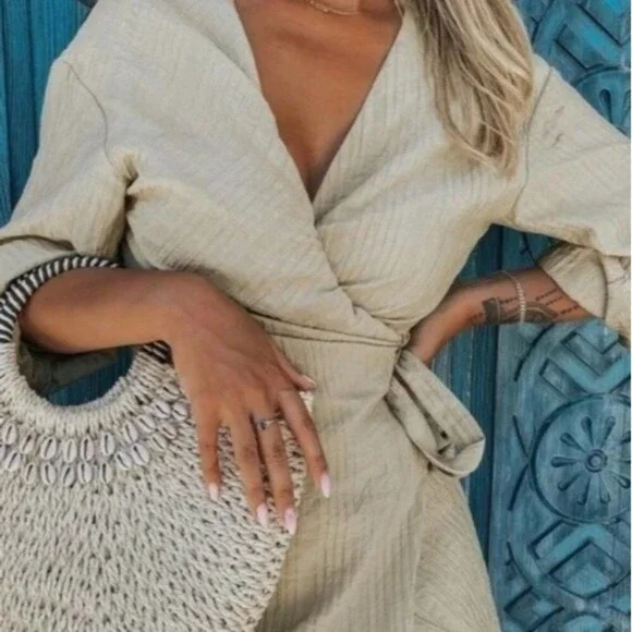 ZARA Dress Wrap Style Textured Midi Long Sleeve - Picture 8 of 15